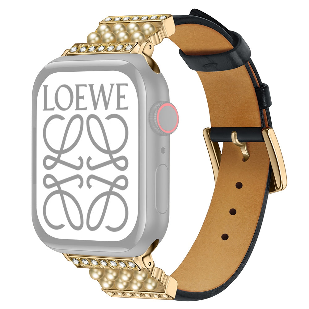 For Apple Watch Series 9 8 7 41mm 6 5 4 SE (2023) SE(2022) SE 40mm 3 2 1 38mm Genuine Leather Pearl Rhinestone Decor Watch Band Wrist Strap For Apple Watch Series 9 8 7 41mm 6 5 4 SE (2023) SE(2022) SE 40mm 3 2 1 38mm Genuine Leather Pearl Rhinestone Decor Watch Band Wrist Strap